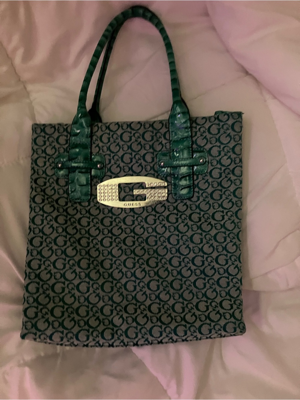 GUESS Black Logo Tote with Green Handles and Gold Plaque